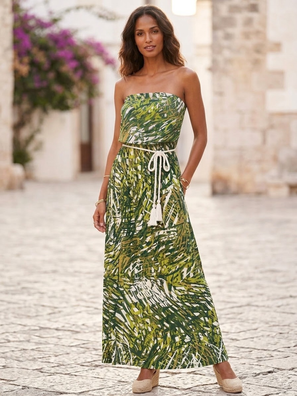 Olive Green Abstract Maxi Dress with Tassel Rope Belt